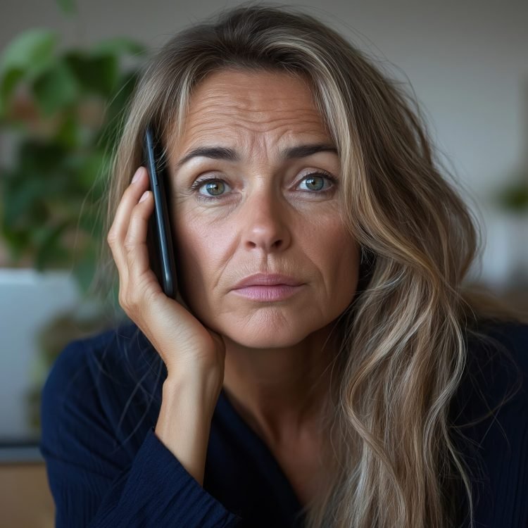 Woman with long hair is holding a smartphone to her ear, displaying a concerned expression in a cozy indoor setting with soft lighting and natural decor Underfloor Heating Repair