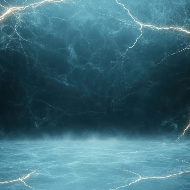 Bright electric blue lightning strikes illuminate dark, stormy background, creating dramatic Electric Underfloor Heating Repair
