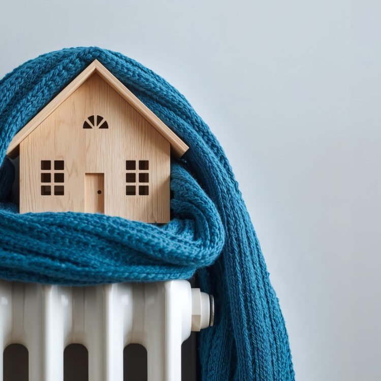 Wooden House Model Wrapped in a Blue Scarf on a White Radiator in a Cozy Indoor Setting A small wooden house model is placed on a white radiator, covered with a blue scarf. The setting shows indoor warmth and a sense of home during cooler weather.